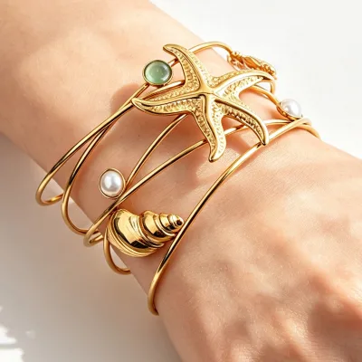 Statement New Gold Plating Hollow Bangle Stainless Steel Pearl Star Sea Style Width Bangle for Women