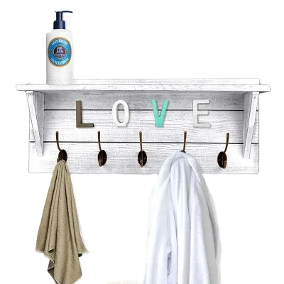 Rustic Coat Rack Wall Mounted Coat Hooks with 2 DIY Decorations Entryway Coat Racks Shelf 24'' with 5 Bronze Hooks
