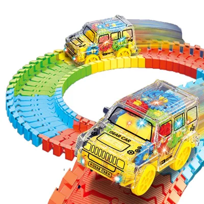 Light up Track Toys Gear Car Slot Toy Electric Track Car With Light Plastic Toy Car Track Set 59Pcs