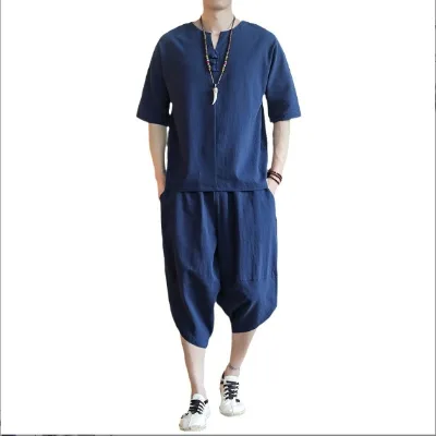 Men's Retro Cotton and Linen V-neck Solid Color Comfortable and Breathable Casual Set