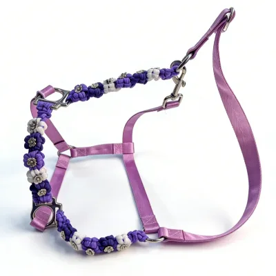 Western Saddle Premium Handcrafted Equestrian Tack Nylon Rope Braided Handwoven Purple Floral Horse Halter