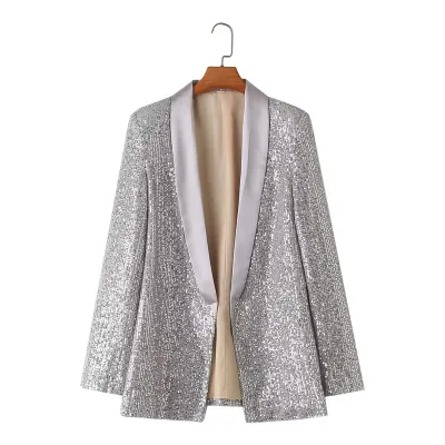 OEM New Arrival Women Fashion Jackets Spring Autumn Long Sleeve Sequins Satin Fabric Smooth Solid Color Shiny Jacket for Lady