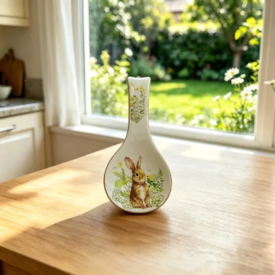 Cute Ceramic Spoon Rest With Bunny and Floral Pattern Gold Rim Kitchen Utensil Holder for Cooking Spoon Ladle Home Decor Gift