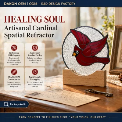 Cardinal Memorial Gift 7.5 Inch Stained Glass Wood Base Red Bird Suncatcher Wholesale OEM BSCI Audit Ready