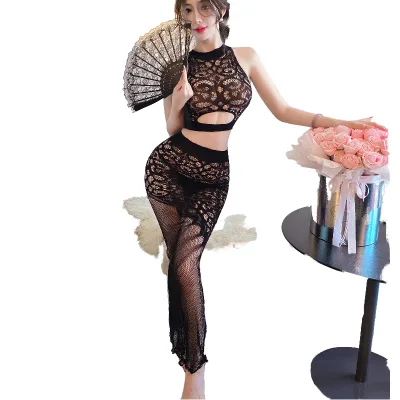 Wholesale Women Sexy Thin Seamless Transparent Knitted Nylon Lingerie Set Two Piece Hollow Lace Bodystocking Mesh Clubwear