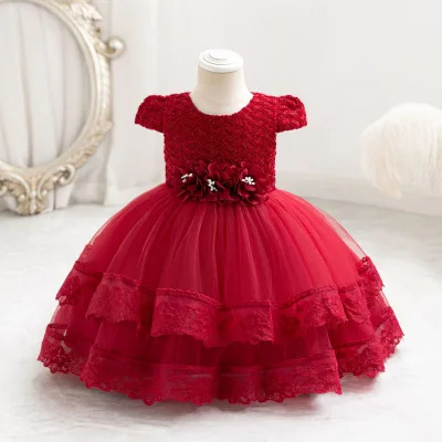 European American Style New Appliqued Sequined Beach Wedding Girls Birthday Dress Banquet First Birthday Princess Baby Girls