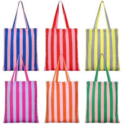 New Colorful Striped Canvas Tote Bags Custom Logo Stripe Cotton Grocery Shopping Bag for Beach and Party
