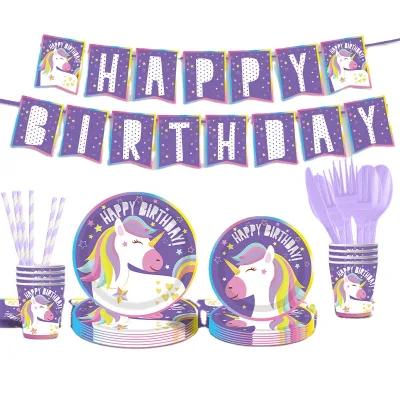 Blue Unicorn Themed Disposable Tableware for Kids Birthday Wedding Parties Halloween Decorations-Paper Tray Pull Flags Gifts