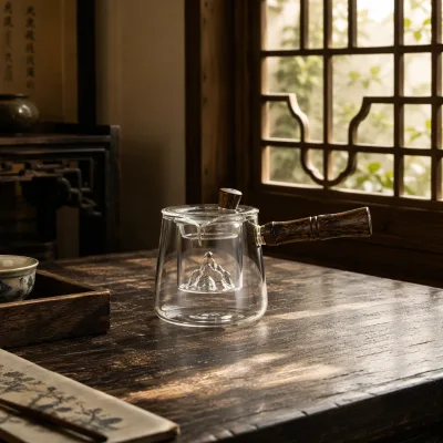 Chinese Zen Side Wood Handle Glass Teapot with Mountain Infuser, Borosilicate Tea Pot, Matchable with Tea Glasses for Gongfu Tea