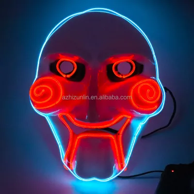 Zhizunlin PVC Halloween Saw Jigsaw Black El Neon Mask Led Glowing Horror Full Face Party Mask for Masquerade Cosplay AA Battery