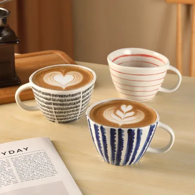 Hand Painted Striped Ceramic Coffee Mug Wide Mouth Latte Cappuccino Cup Home Breakfast Porcelain Tea Cup Custom Logo Acceptable