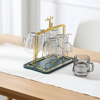 Hot-selling Metal Double Tier Coffee Cup Holder Mug and Tea Cup Holder Storage Organizer with 6 Kitchen Hooks and Tray