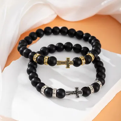 New Design cross beaded hand string tiger eye stone volcanic stone diamond ball bracelet men's bracelet