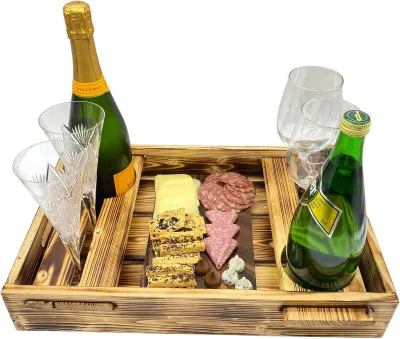 Vintage Rust Resistant Wood Serving Tray with Removable Wine Glass Holder and Coasters