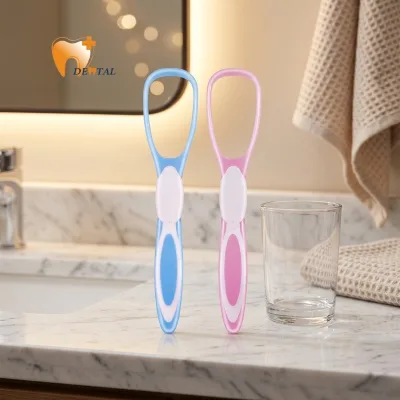Two-Pack Kids Convenient Tongue Cleaning Tool Stainless Steel Silicone Material with Laser Logo Tongue Scraper for Kids
