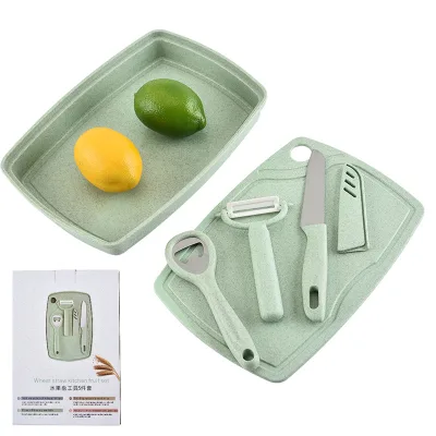Eco-Friendly Baby Multifunctional Stainless Steel Kitchen Tools Easy Use Knife Set Cutting Board Bottle Opener Wheat Vegetables