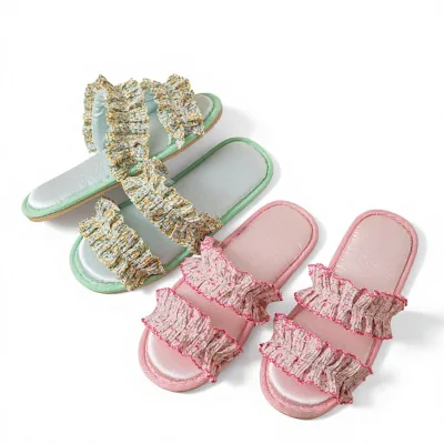 Sen Tian Home | for Floral Ruffled-Edge Open-Toe Sandals for Women Striped Fabric Breathable Summer Stylish Cozy Indoor Wear