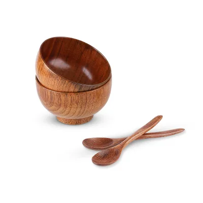 KingGear Custom Engraved Logo Wooden Bowl Set Eco Friendly Wooden Bowls Set With Spoon