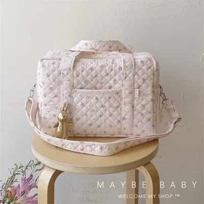 Korean Ins Floral Quilted Duffel Bag Lightweight Multi-Functional Crossbody Maternity Mommy Infant Outings Satchel Pure Cotton