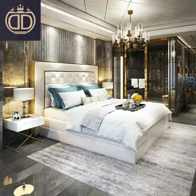 Wooden Framed Leather Kingsize Bedroom Set White Furniture Modern Luxury White High Headboard Double king Size Bed