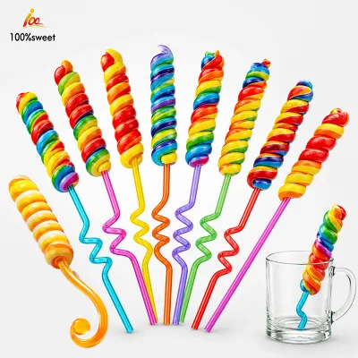 Factory Custom Wholesale Multicolor Twist Lollipop Straw Mixed Fruit Flavor Individually Wrapped Colorful Swirl Candy Sweet
