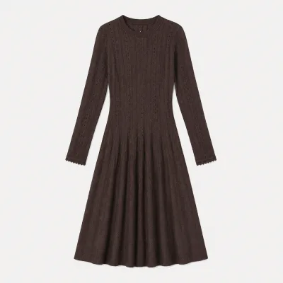 Custom Womens Dark Brown Ribbed Knit Dress Mock Neck Long Sleeve Midi OEM ODM