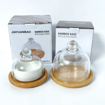 Bulk Wholesale Mini Domed Butter Cloche Thickened Eco-friendly Bamboo Tray with Ceramic Bowl Keeps Butter Fresh