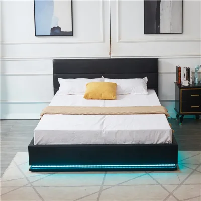 Modern Bed Multi-Color LED Lighting  LED Lighting Multi-Color Features Stylish PVC PU Leather Gas Lift Storage Bed Frame