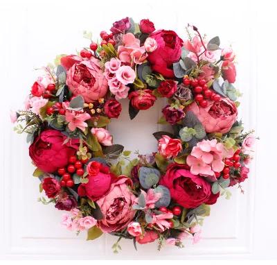 Front Door Wreath 15 Inch Silk Handmade Peony Rose Christmas Wreath for Outdoor Use Wall & Window Decor
