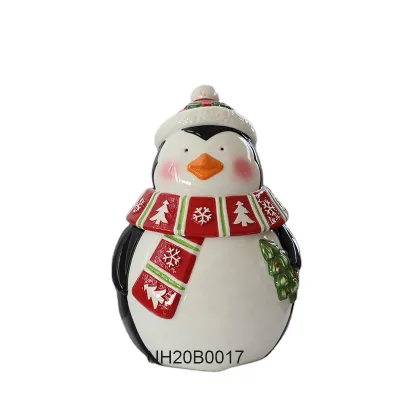 Christmas Penguin Ceramic Cookie Jar with Red Scarf 13 Inch, Custom Accept Personalized