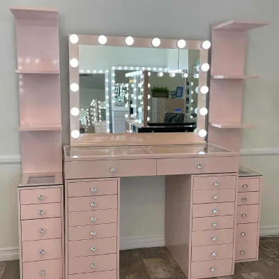 Anti - Tip Function Pink Dressing Table and Makeup Vanity Table with Mirror for Family Homes and Furniture Store Vanity Table