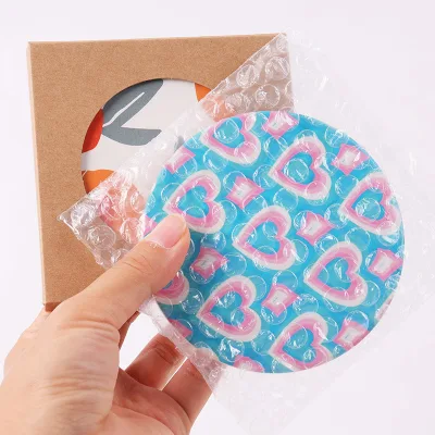 Custom Blue Heart logo Round Ceramic coaster with Cork Back
