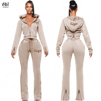 Custom Logo Women Washed Cropped Hoodie Tracksuit Full Zip Hooded Crop Top Zipper Flare Sweatpants 2 Piece Streetwear Set