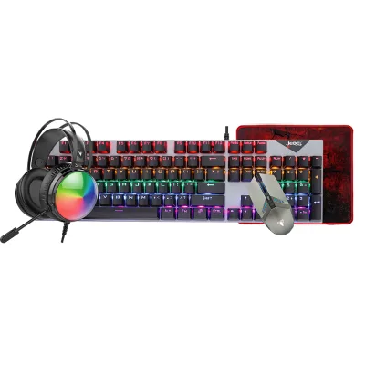 Mechanical Touch Game Set RGB USB Headset 104 Keys Mouse Earphones ABS Plastic USB Controller Wired-Four-Piece Metal Color Box