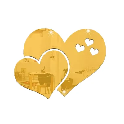 Modern Double Heart-Shaped 3D Glass Wall Decor Mirror DIY Gold Bedroom Sticker Mural