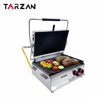 Factory Supply Stainless Steel Gas Panini Press Grill Non-stick Grooved Cooking Surface Gas Contact Grill for Steak Burger