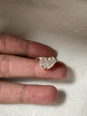Toi Et Moi Two Stone Ring Emerald & Pear Cut Lab Grown Diamond 1.5ct 14K/18k Gold Women Engagement Wedding Promise Fine Jewelry