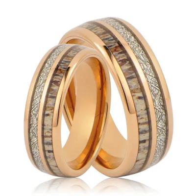 Natural Antler and Meteorite Tungsten Ring Rose Gold Wedding Ring for Men Women
