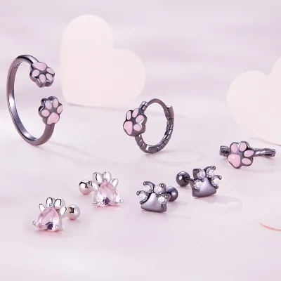 Exquisite Pink Dog Paw Earring Female Cute Animal Paw Print 925 Silver Small Earring Ring