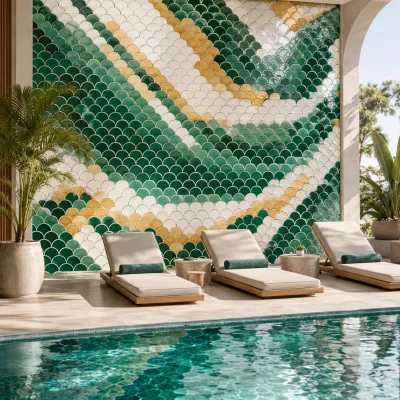 Crackle Glaze Fish Scale Ceramic Mosaic Tile Mermaid Scale Decorative Wall Tile for Hotel Villa Spa Feature Wall