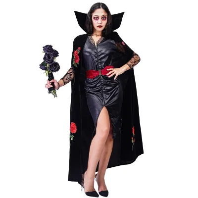 Women Rose Flower Printed Vampire Dress Halloween Party Cosplay Black Vampire Costume for Adult