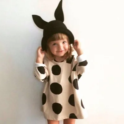 High Fashion For Girl Comfortable Long Sleeve Cotton Dresses With Black Polka Dot Pattern From Korean