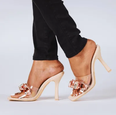 Diamond Gold Chain SANDALS Slipper Square Toe Sandal Shoes Factory Women PVC Transparent Summer High Heels Sandal Slipper Pumps