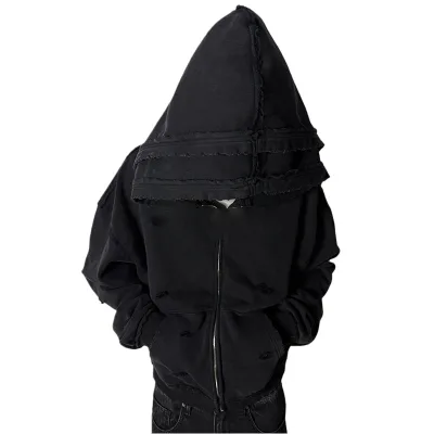 Manufacturers for Customs Clothes Double Layer Hood Acid Wash Distressed Zip up Hoodies Men