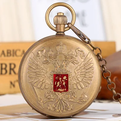 Double-headed Eagle Coat of Arms Russian National Emblem Badge Pure Copper Tourbillon Mechanical Pocket Watch Art Collectibles