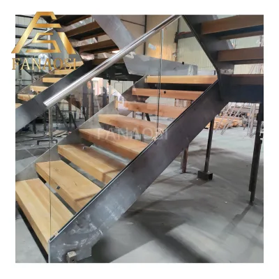 Customized Interior Straight Stairs Durable Steel Frame Wooden Treads Glass Balustrade Iron Metal Indoor Staircase for Villa Use
