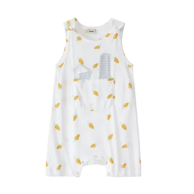 OEM ODM Soft Summer Breathable Baby Girls Bamboo Romper Cute Carrot Print Sleeveless Snap Button Closure Baby Overall
