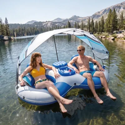 PVC Inflatable Water Float with Canopy & Cooler 2 Person Comfortable Lounge for Lake River