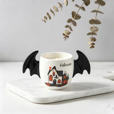Halloween Bat Wing Ceramic Candle Holder with Haunted House Design Scented Candle for Home Party Decor