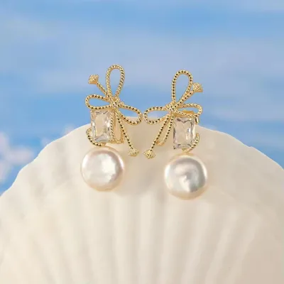 14K Gold Baroque Freshwater Pearl Stud Earring Fine 925 Sterling Silver Trendy Bow Design Rhodium Fashionable Freshwater Pearl